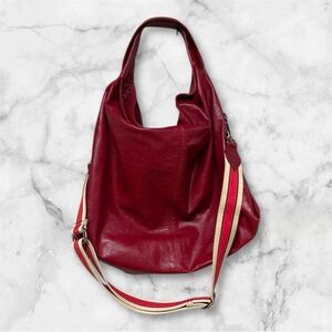 Furla Red genuine Leather hobo Tote Bag with striped crossbody strap medium